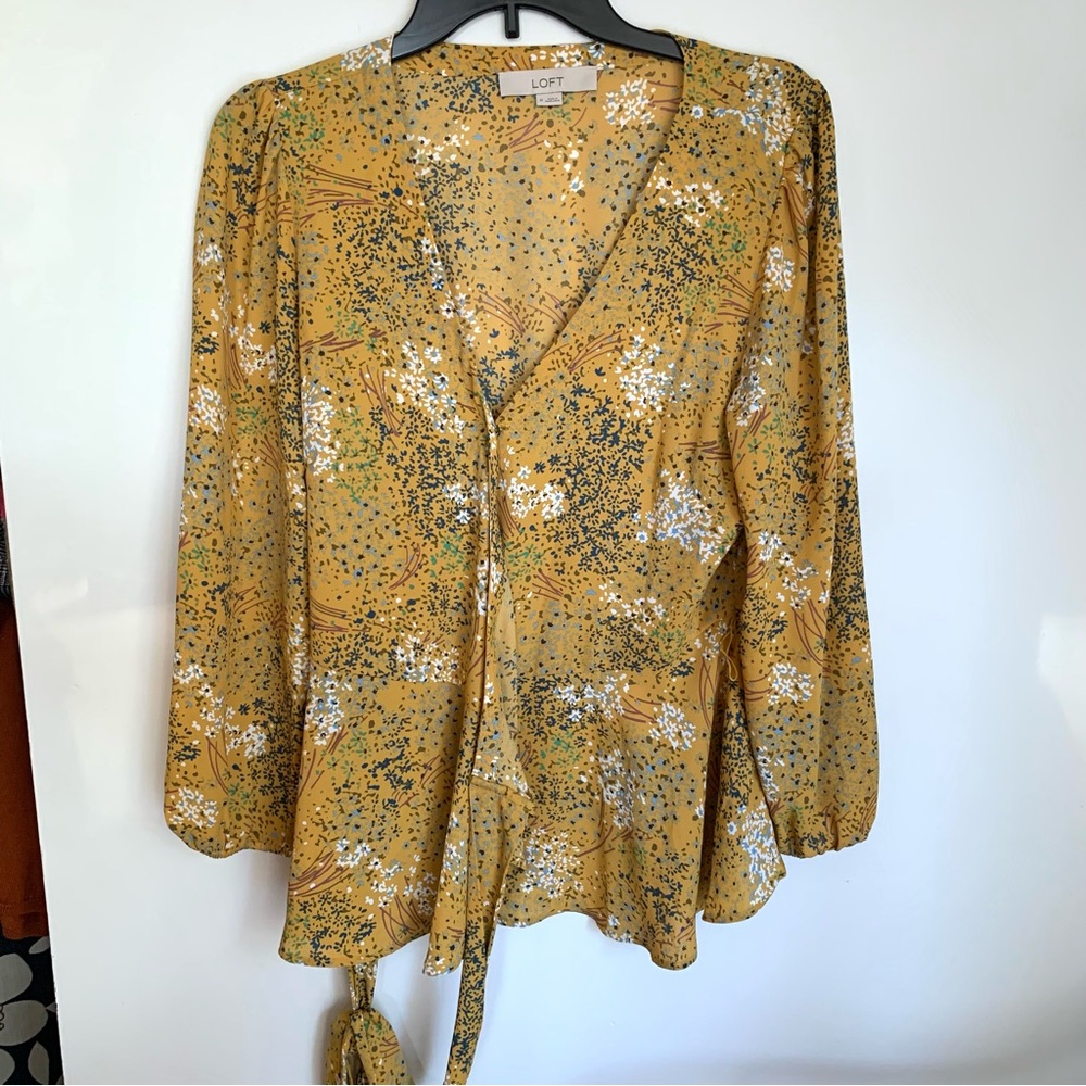 LOFT Women's Mustard Yellow Floral Wrap Top